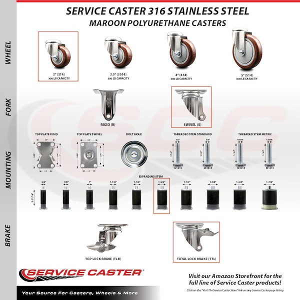 Service Caster 3 Inch 316SS Maroon Poly Swivel 1-3/8 Inch Expanding Stem Caster Set Lock Brake SCC-SS316TTLEX20S314-PPUB-MRN-138-4 - main